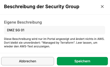 Description of a security group in a portal, highlighting Terraform management.